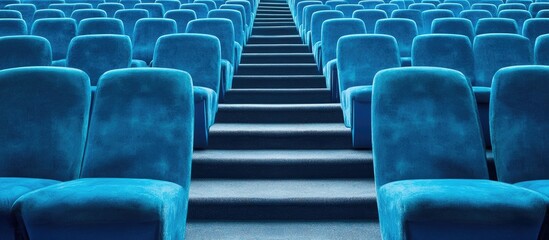 Obraz premium View from the stairs revealing rows of plush blue theater seats with a gentle curve ideal for showcasing cinema designs