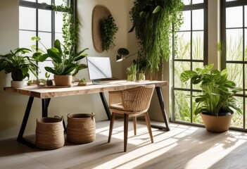 Fototapeta premium stylish nature inspired workspace featuring minimalistic clean organic verdant elements efficient working environment, aesthetic, ambiance, bamboo, balance