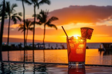 A refreshing drink sitting on top of a table next to a pool, perfect for hot summer days or relaxing gatherings
