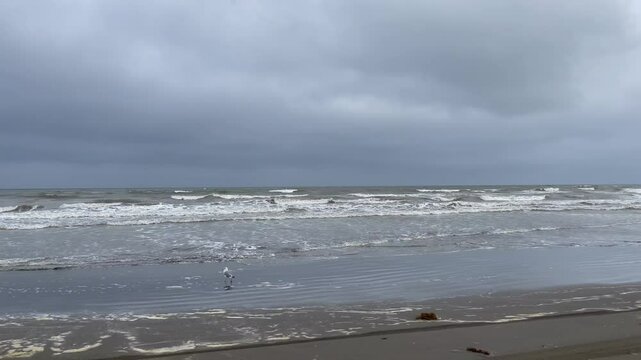 Fast moving alone grey sand beach coastline with waves and cloudy sky 