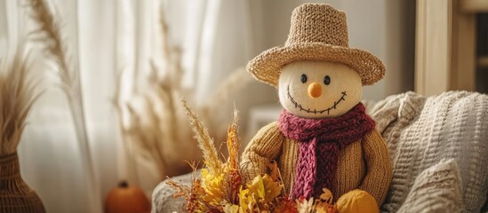 Fototapeta premium Whimsical scarecrow decoration creatively arranged in a cozy room setting for festive autumn ambiance