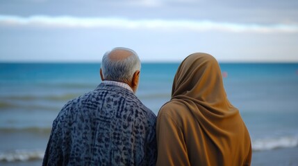 A senior Muslim couple stands together on a beach gazing at the ocean They appear to be cherishing the moment as they admire the horizon
