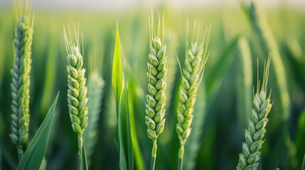 Detailed macro shot of vibrant young green wheat ears in a spring or summer field