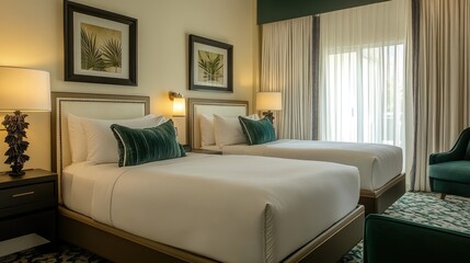 Fototapeta premium A tidy hotel room featuring a neat twin bed designed with a fresh white and emerald green color scheme