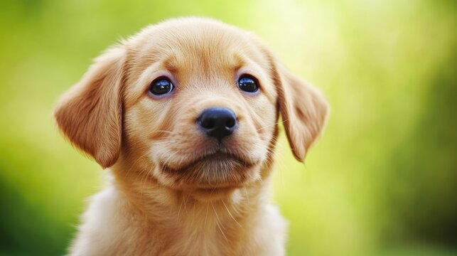 Close up banner featuring a puppy dog set against a green background with empty space available for text