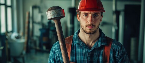 Plumber holding a toilet plunger with a focused expression ideal for home repair and maintenance visuals