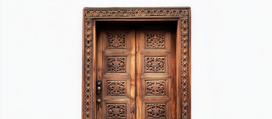 Wooden door with intricate carvings against a clean white background showcasing craftsmanship and design