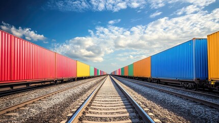 Obraz premium Cargo containers on freight trains showcasing the global container shipping industry Emphasizing rail transportation and shipping logistics