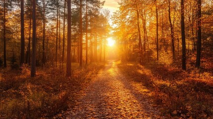 Obraz premium Autumn forest with a ground path during sunset