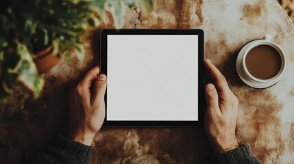 A man s hand grips a tablet featuring a blank white screen positioned on a table Top down perspective showcasing a mockup