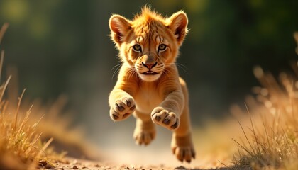 Lion cub leaps mid-air, paws outstretched, eyes focused, playful yet powerful expression on face. Jungle backdrop adds to action. Energetic cub evokes strength, agility, wild energy, perfect for