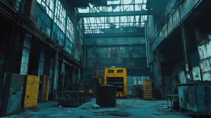 Abandoned industrial workshops in a defunct factory Concept of financial decline Environmental contamination due to industrial waste Banner design