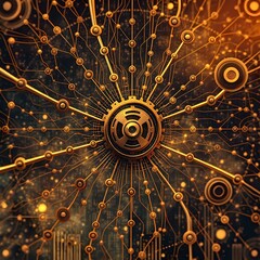 Steampunk Cityscape with Glowing Nodes & Central Orb