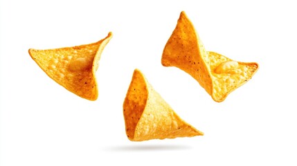 Delicious Mexican nacho chips in flight isolated on a white background