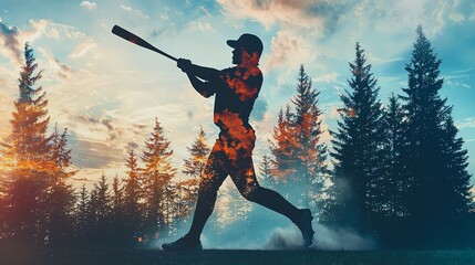 Dynamic silhouette of a baseball batter swinging, double exposed with forest landscape, explosive movement