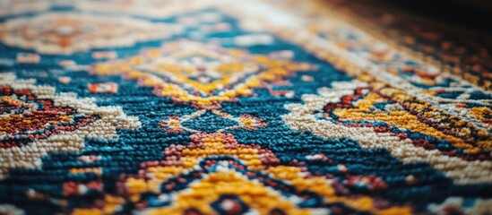 Fototapeta premium Vibrant close up of a beautifully handmade antique carpet with intricate Arabic ornaments showcasing textile craftsmanship