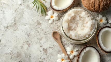 Coconut oil and sugar body scrub in a glass jar on a stone surface showcasing a homemade cosmetic for exfoliation and spa treatment Flat lay composition