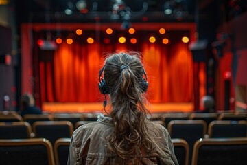 Fototapeta premium A person sits in a quiet theater wearing headphones, focused on the stage with bright red curtains. The warm ambiance invites anticipation for the upcoming performance