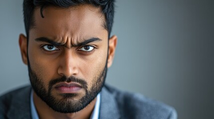 Obraz premium Close up portrait of a dissatisfied male student or businessman with Indian or Arabian descent expressing disagreement and denial while looking seriously at the camera