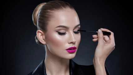 Obraz premium A woman is applying mascara to her eyes. She is wearing a black dress and has pink lipstick. Concept of elegance and sophistication, as the woman is dressed up and taking care of her appearance