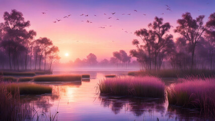 Obraz premium Misty sunrise over a still lake with a flock of birds flying overhead.