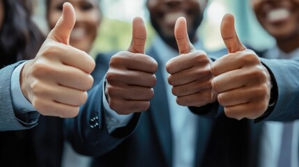 Close up of a group of confident business professionals in suits giving a thumbs up gesture symbolizing success teamwork and support in a collaborative environment
