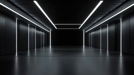 Abstract dark space featuring an empty garage illuminated by LED lines showcasing a sleek black interior Represents a concept for modern hallways studios or showrooms