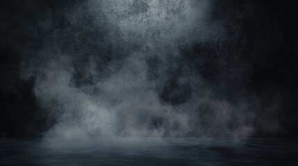 Fototapeta premium Dark abstract cement wall with a gradient studio room and floating smoke creating an interior texture ideal for product display backgrounds