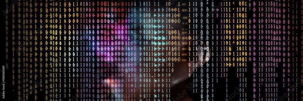 Fototapete a human form is partially obscured by rows of genetic code, illustrating the relationship between dn