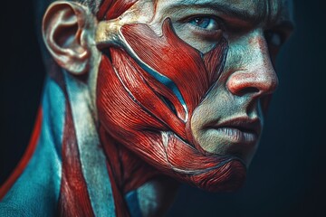 A close-up shot of a man's face with colorful muscles painted on, ideal for use in sports or fitness-themed projects
