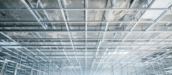Metal ceiling grid system installation in construction site prior to finishing touches