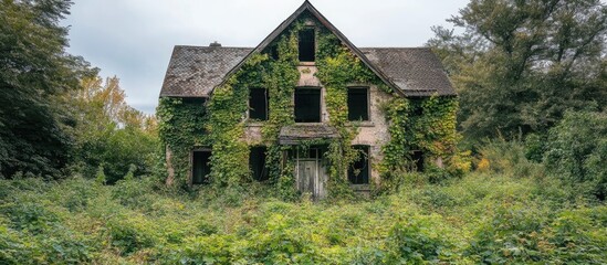 Mysterious abandoned house enveloped by overgrown plants evoking a sense of intrigue and ghostly tales