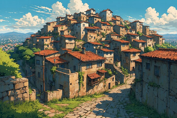 Naklejka premium Anime style, clustered houses on hill, narrow winding street, weathered walls with graffiti, bright morning sky