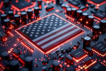 Obraz premium Closeup of a circuit board with an American flag displayed on a microchip.