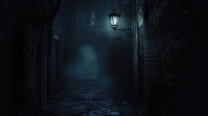 A dimly lit alley featuring a street lamp at its center