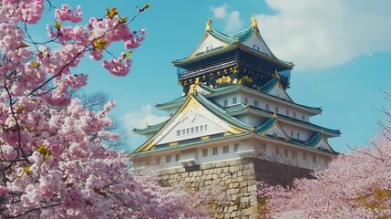 Obraz premium Osaka Castle Surrounded Cherry Blossoms Sunny Day