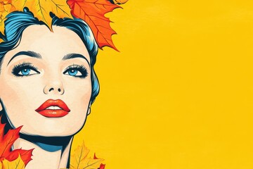 A vibrant autumn portrait of a woman with blue eyes and red lips surrounded by colorful leaves against a bright yellow background