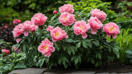 Fototapeta premium A stunning peony bush adorned with pink blossoms in a lush garden Horizontal orientation