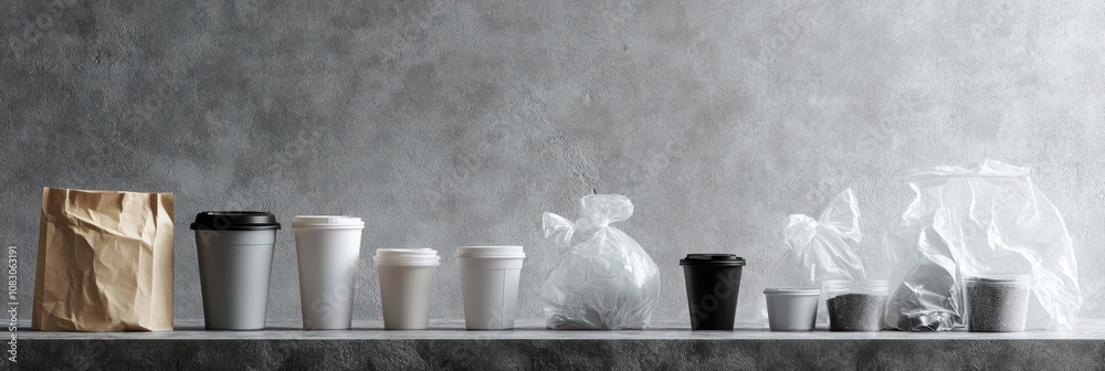 Poster Arrays of reusable containers illustrate a sustainable choice, contrasting with single-use plastic bags and cups in a minimalist environment. Generative AI