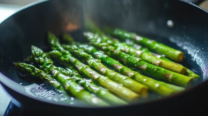 Blanched asparagus spears in a pan cooking nutritious greens in water Healthy eating vegetarian dish options