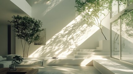 Fototapeta premium Bright and airy minimalist interior with sunlight creating gentle shadows throughout the space