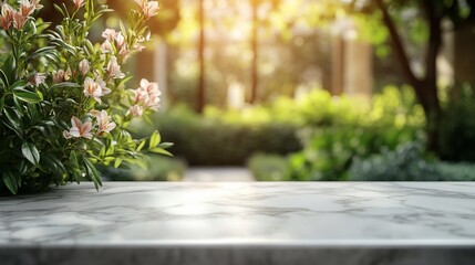 Fototapeta premium Marble surface with flowers, sunny garden background.