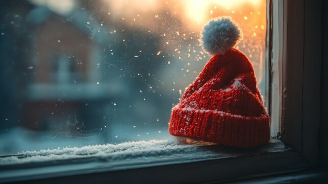 A red knitted winter hat sits on a snowy windowsill at sunset.