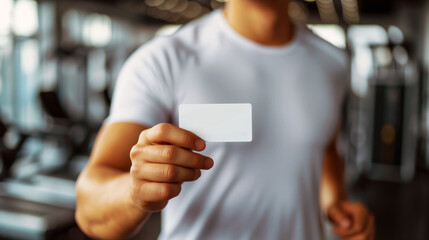 Motivated individual showcasing gym membership card in bright and minimalistic fitness environment