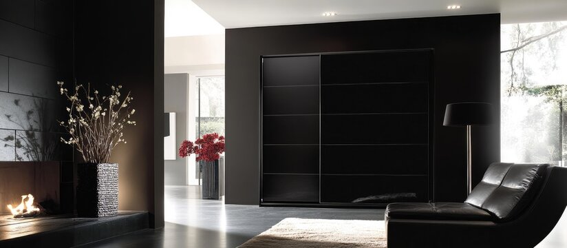 Modern built in dark wardrobe with sleek design in an elegant hallway for maximizing storage space
