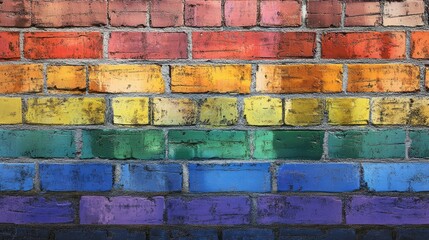 Fototapeta premium Colorful brick wall featuring a rainbow flag design with a textured wood appearance