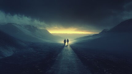 Fototapeta premium Two figures walk towards a bright horizon in a mysterious landscape.