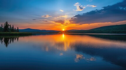 Fototapeta premium A captivating sunset illuminating a tranquil lake s surface