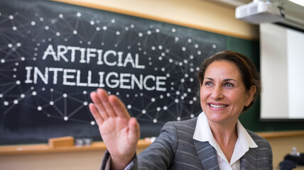 A smiling Hispanic woman in a professional gray suit gestures while presenting in a classroom about artificial intelligence.