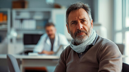 Naklejka premium Concerned male patient in a neck brace at a medical office while doctor works in the background